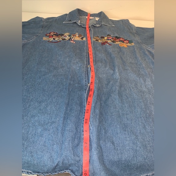 Bobbie Brooks 1990s Women’s Christmas Denim Collared Embroidered Button Up Large - Picture 14 of 16